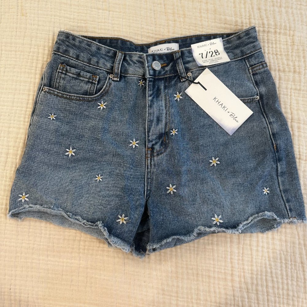 KHAKI + Blue High Rise Shorts - Picture 2 of 3